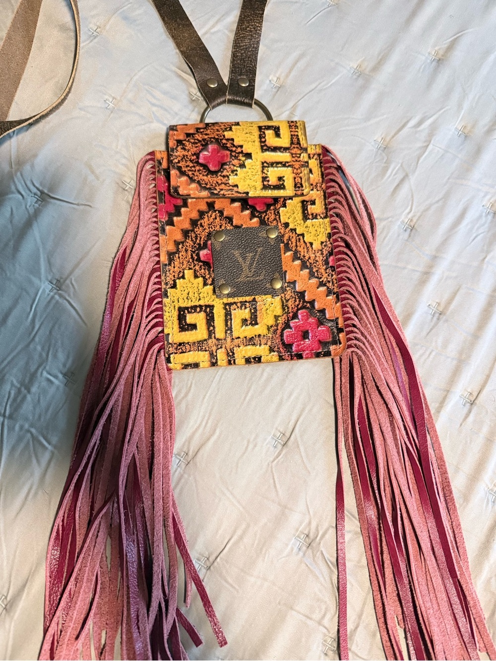 Designer Fringe Crossbody Phone Case - Pink & Multicolor Pattern